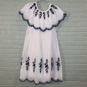 Large Off the Shoulder White Linen Dress with Navy Blue Floral Stitching